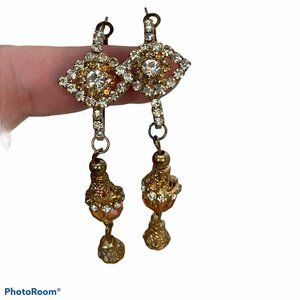 Gold Tone Clear Rhinestone & Amber Earrings